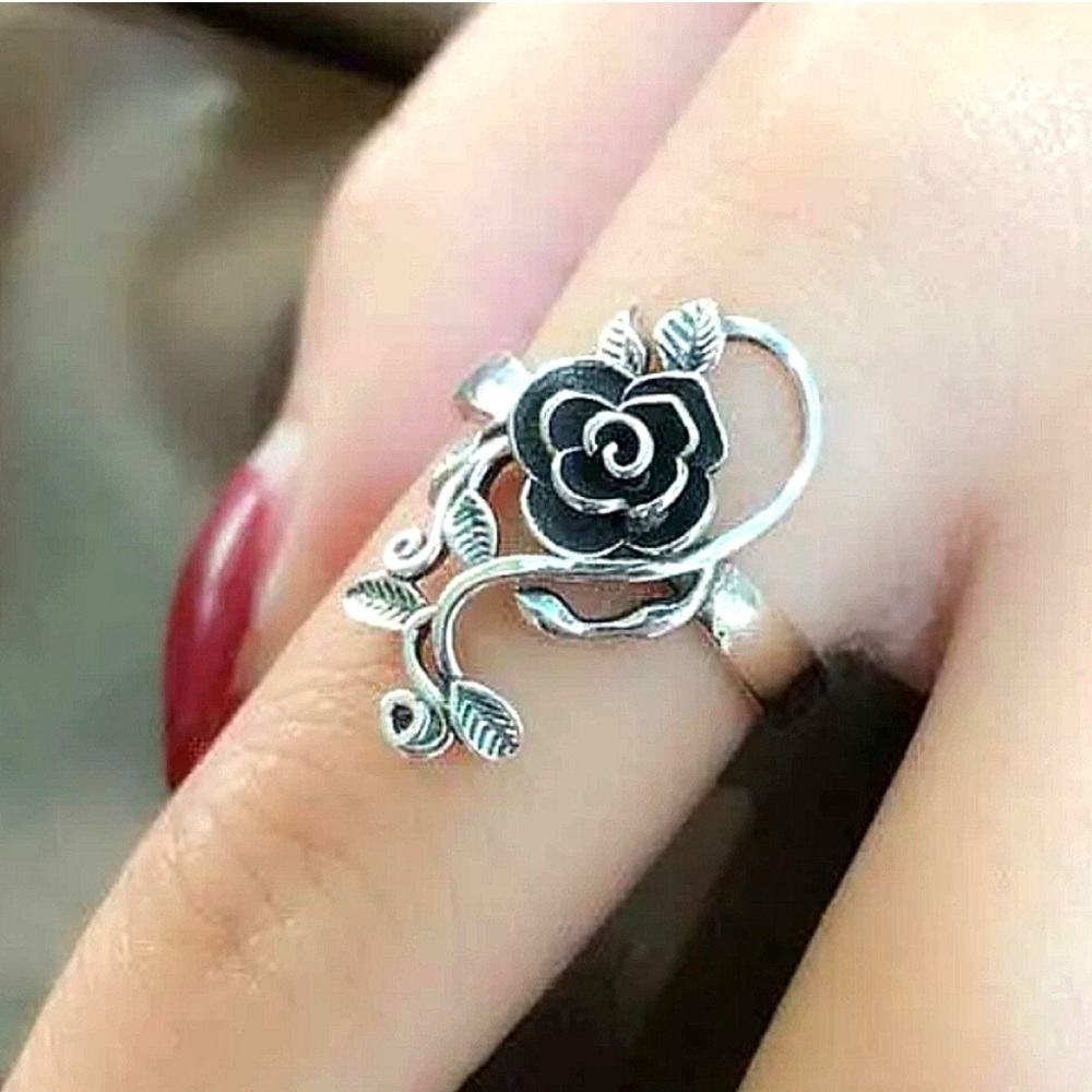 Vintage Stainless silver Rose Ring, Adjustable, Flower, Boho